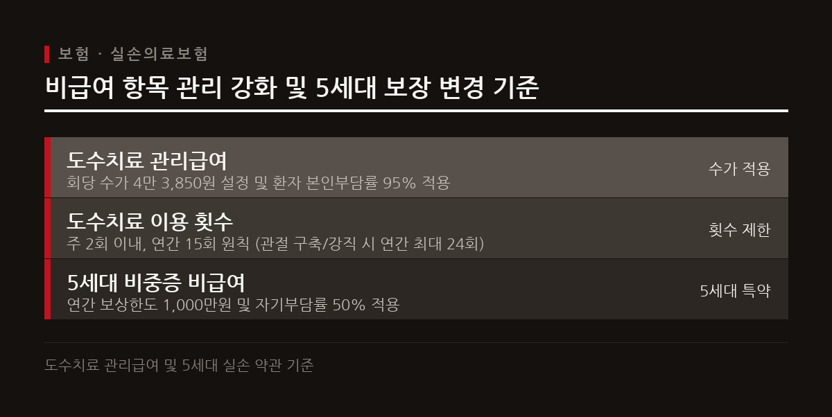 도수치료 관리급여 전환과 함께 5세대 비중증 비급여의 자기부담률이 50%로 상향되었다.