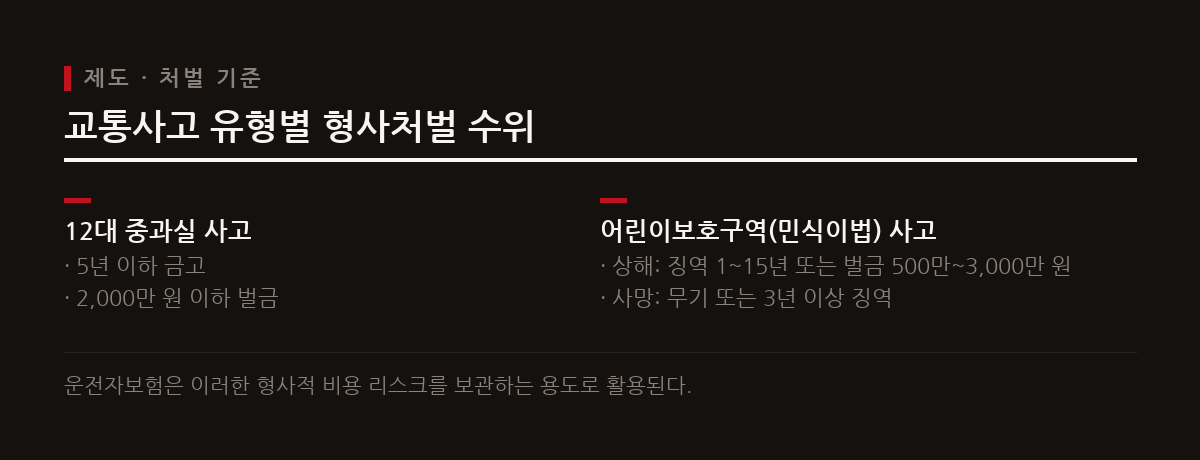 12대 중과실 및 스쿨존 사고는 종합보험 가입과 무관하게 형사처벌 대상이 된다.