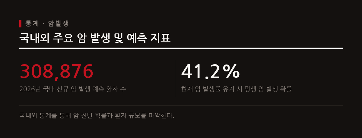 2026년 국내 신규 암 발생 환자는 약 31만 명으로 예상되며 평생 암에 걸릴 확률은 41.2퍼센트에 이른다.