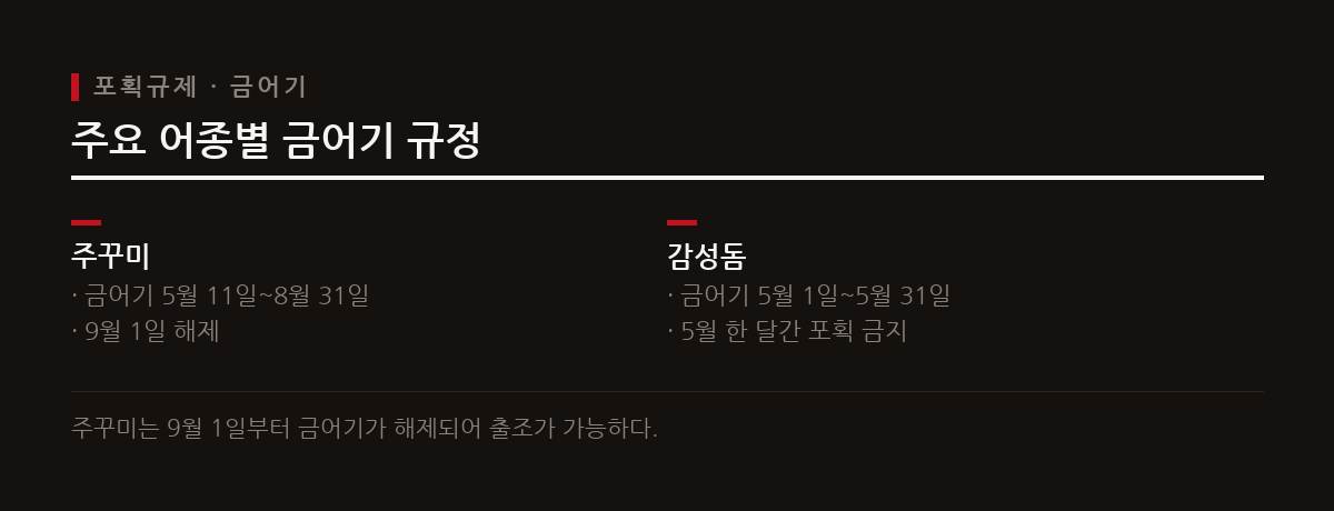 9월 1일부터 주꾸미 금어기가 해제되어 가을 선상 낚시 시즌이 시작되며 어종별 금어기 준수가 요구된다.