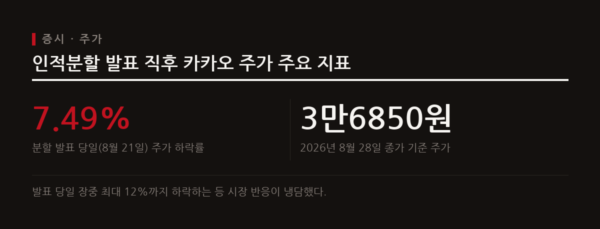 카카오가 카카오AI와 카카오X로의 인적분할을 결정했으나 쪼개기 상장에 대한 우려로 주가가 급락했다.