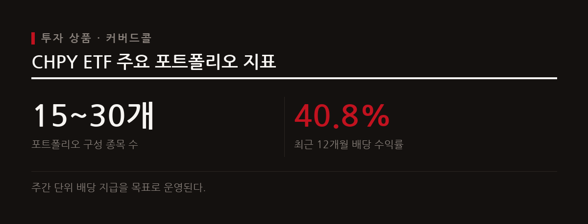 CHPY는 15~30개 반도체 종목 포트폴리오와 콜옵션 매도 전략을 결합하여 고배당을 추구하는 ETF다.
