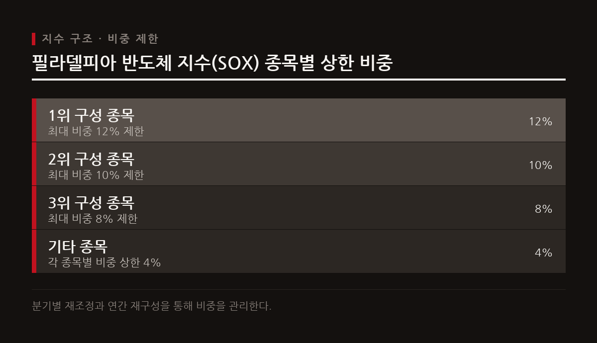 필라델피아 반도체 지수는 상위 3개 종목의 비중을 12%, 10%, 8%로 캡을 씌우고 나머지는 4%로 제한한다.