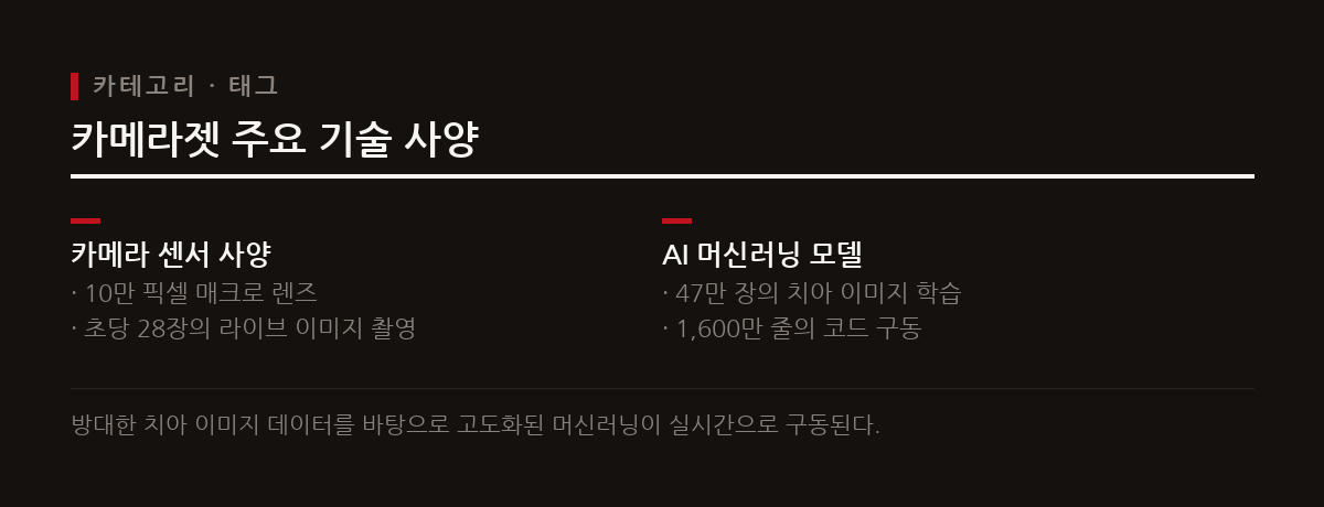 초당 28장의 치아 이미지를 촬영하고 47만 장의 학습 데이터를 거친 독자 알고리즘이 치아 사이 틈새를 찾아낸다.