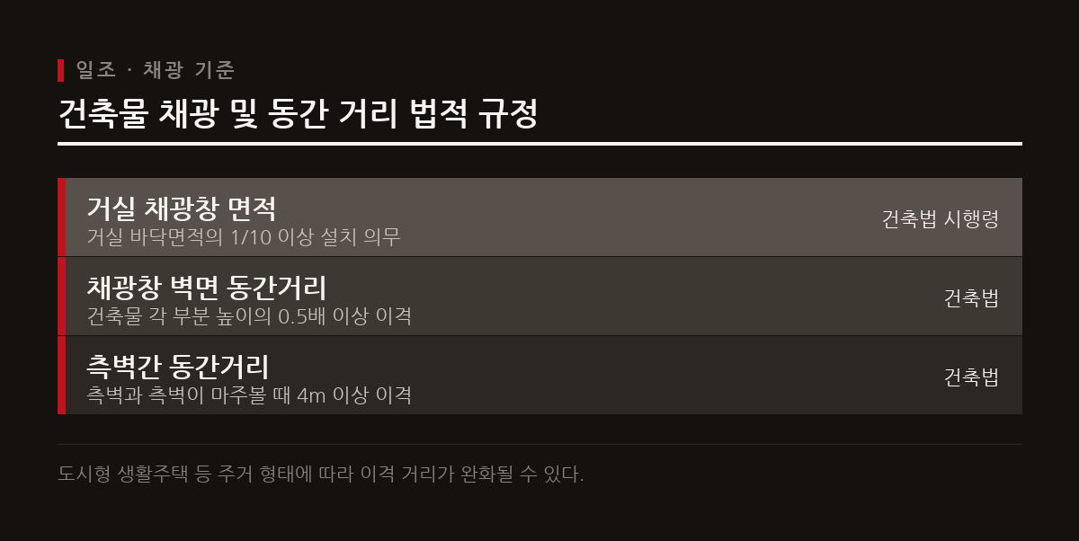 거실 채광창 면적은 바닥면적의 10분의 1 이상이어야 하며 동간 거리 확보를 통해 일조권을 보장받는다.