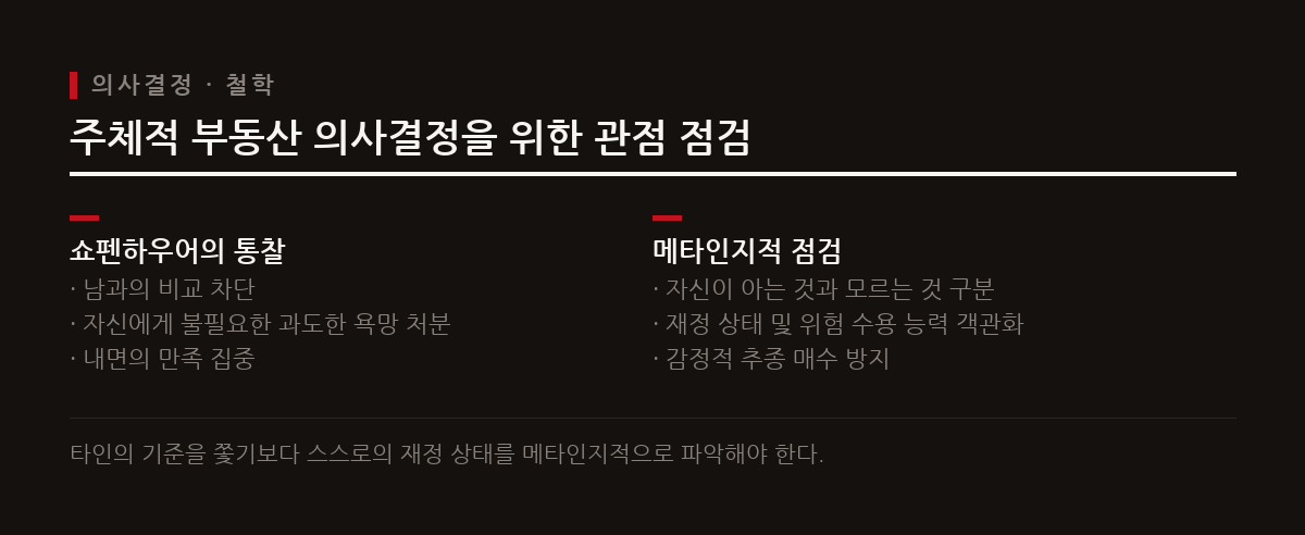 타인과 비교하는 욕망에서 벗어나 자신이 감당 가능한 기준을 세우는 것이 실거주 내 집 마련의 시작이다.