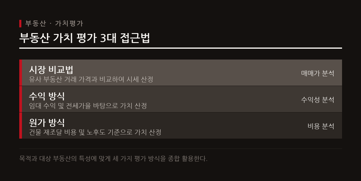 시장 비교법, 수익 방식, 원가 방식을 이해해야 실거주 목적 부동산의 적정 시세를 다각도로 파악할 수 있다.