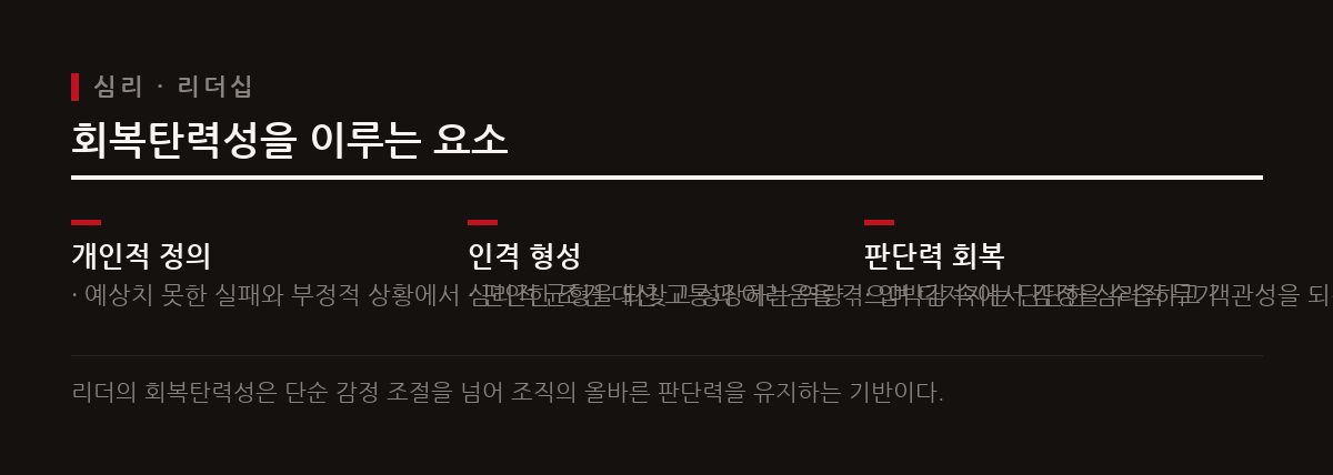 회복탄력성은 단순한 스트레스 인내가 아닌 실패 후 평정심과 올바른 판단력을 회복하는 능력이다.