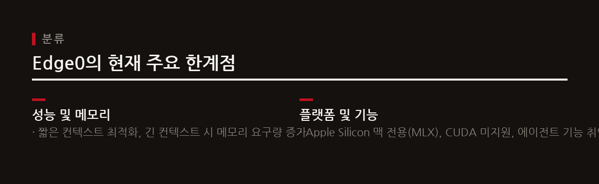 Edge0는 현재 Apple Silicon 맥 전용이며 짧은 컨텍스트에 최적화되었으나, 향후 CUDA 백엔드 지원 등 발전 가능성이 크다.