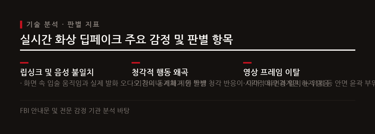 실시간 딥페이크 화상 면접에서는 입술 움직임과 음성의 시청각적 불일치 및 행동 지연이 주요 판별 지표로 식별된다.