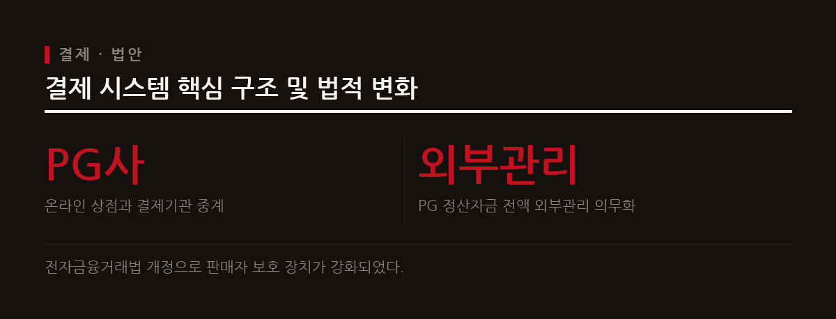 온라인 상점과 금융사를 연결하는 PG사와 개정 전자금융거래법에 따른 정산자금 외부관리 의무화를 보여준다.
