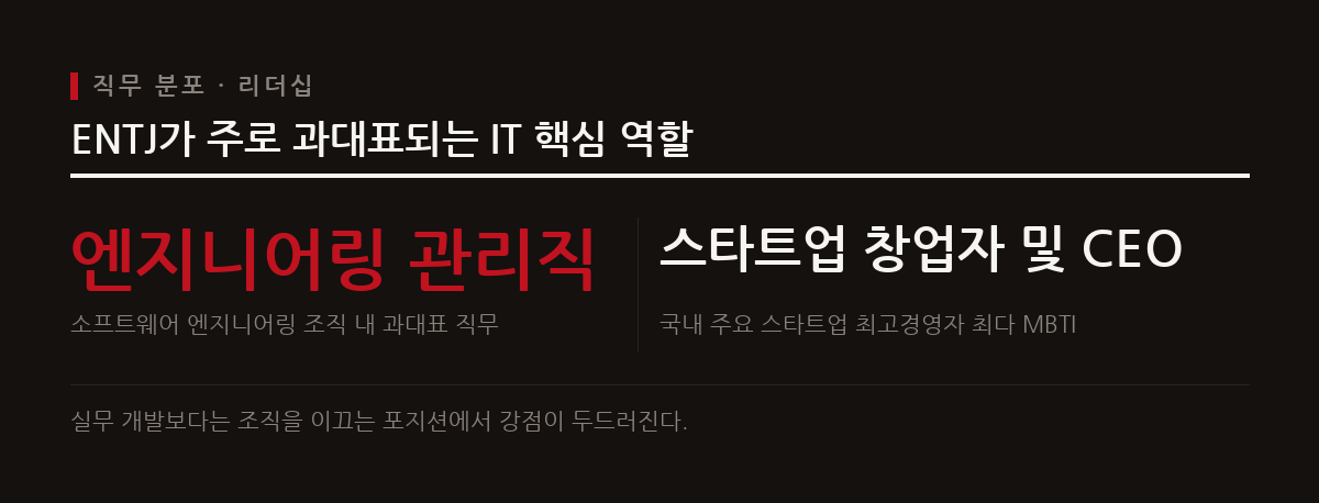ENTJ 성향은 일반 실무 코딩보다는 엔지니어링 관리직이나 스타트업 창업자 같은 리더십 영역에서 과대표되는 경향이 뚜렷하다.