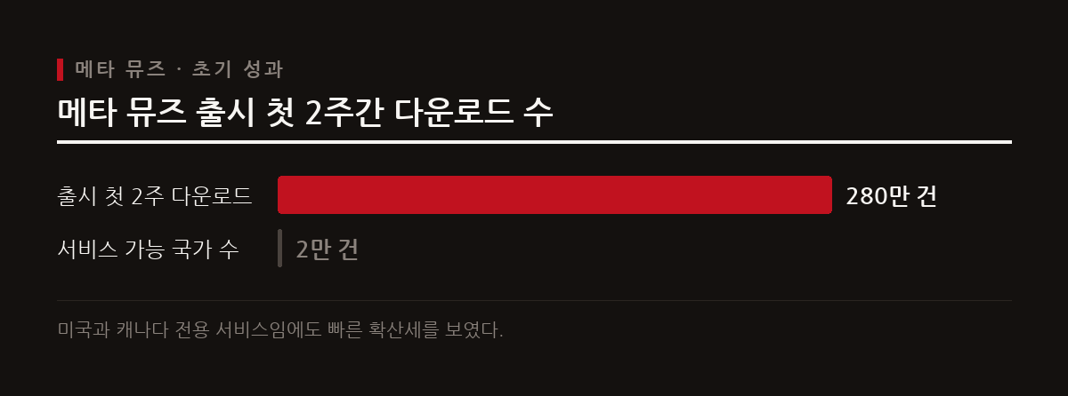 메타 뮤즈는 출시 초기 국가별 제한과 보안 취약점 논란 속에서도 높은 다운로드 기록을 세웠다.