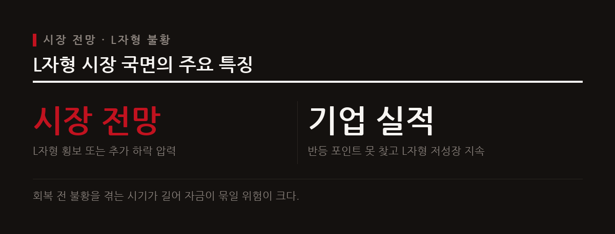 이 도표는 국내 주식시장 전망과 삼성전자의 장기 저성장 국면에서 나타난 L자형 횡보 및 불황의 특징을 보여준다.