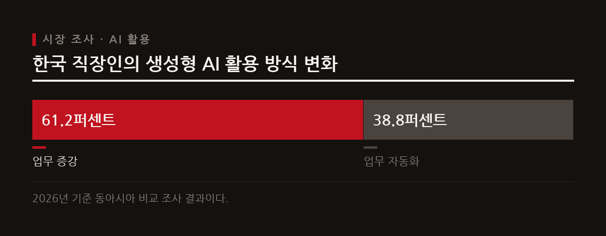 한국의 업무용 AI 활용 비중은 51.1퍼센트로 동아시아 최고 수준이며 업무 증강 중심으로 빠르게 전환되고 있다.