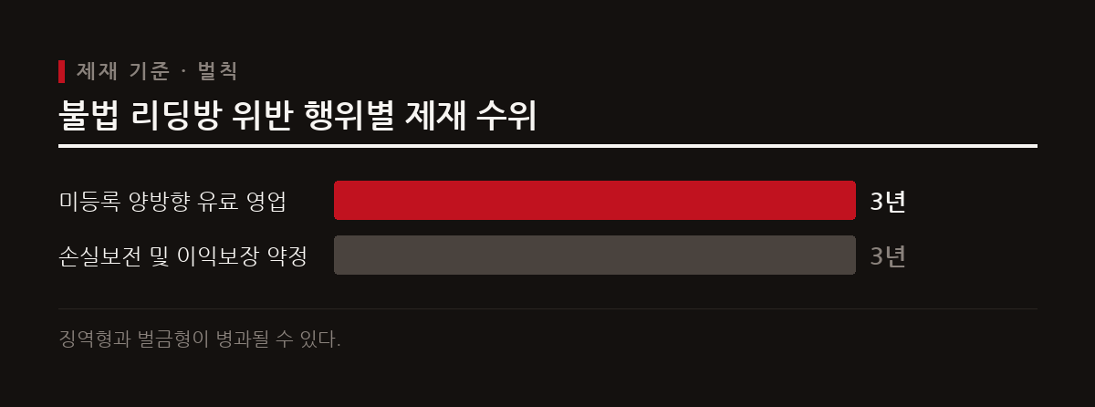미등록 상태로 양방향 유료 영업을 하거나 수익을 보장하면 형사 처벌과 과태료를 받는다.