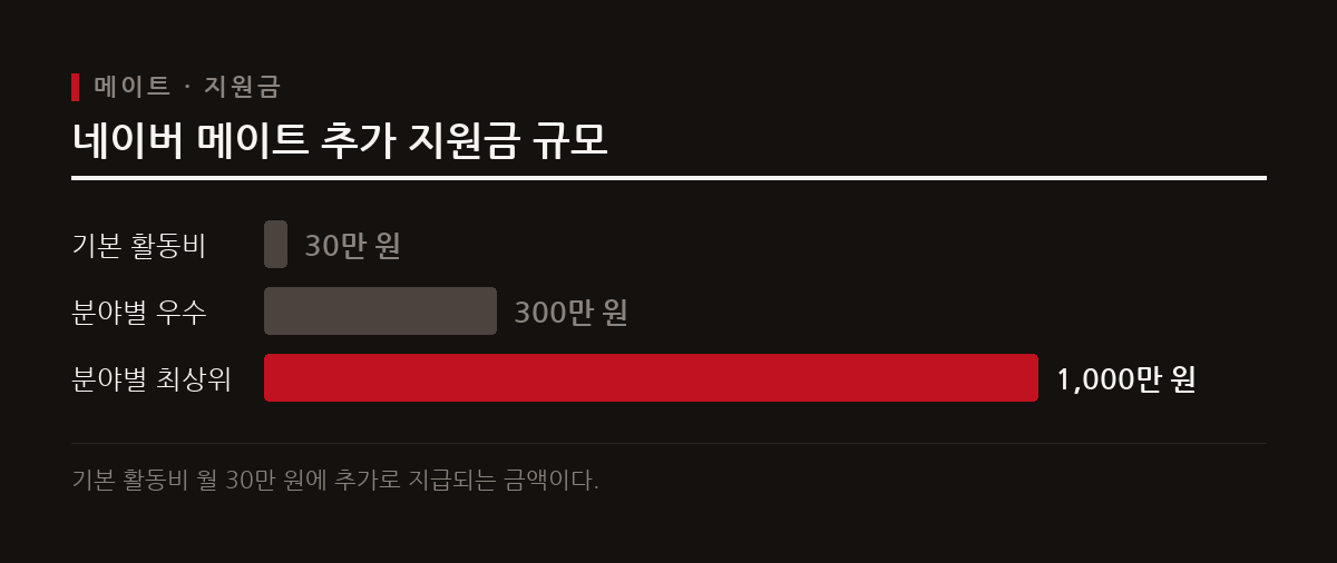 네이버 메이트 선정 창작자에게는 기본 활동비 월 30만 원이 제공되며 분야별 우수 및 최상위 창작자에게 추가 지원금이 지급된다.