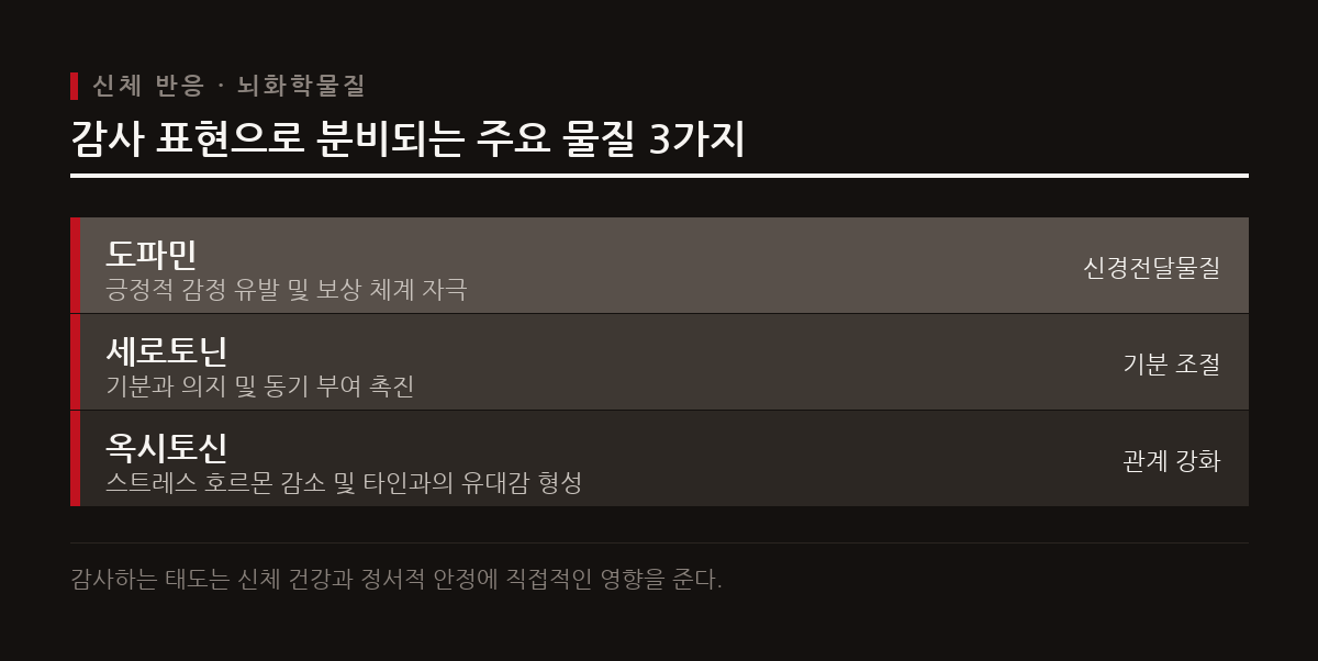 감사를 표현할 때 뇌에서는 도파민과 세로토닌 및 옥시토신이 생성되어 스트레스를 줄이고 유대감을 높인다.