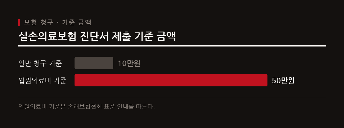 실손의료보험은 청구 금액이 일정 기준을 넘거나 진단명이 모호할 때 진단서 제출을 요구하며 고액 입원의료비 청구 시에는 진단서가 원칙이다.