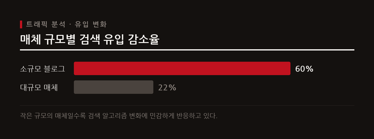 검색 환경 변화에 따라 소규모 매체와 블로그의 방문자 유입 감소 폭이 대규모 매체보다 크게 나타났다.